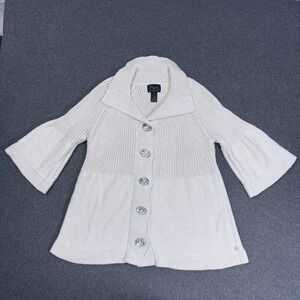 Pure Handknit White Cotton Sweater Coat Cardigan Crystal Buttons Womens S/M